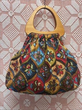 Vintage Large Fabric Tote Bag Wood Handles Boho Floral Carpet Style